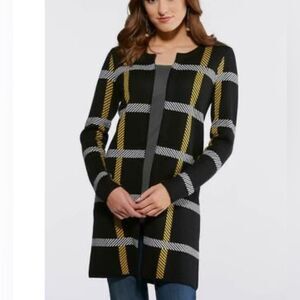 Cato black yellow & white plaid long wool blend knit cardigan sweater 18/20W